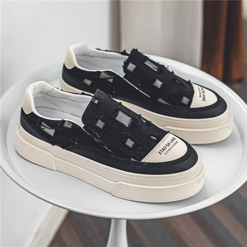 Летние новые кеды без шнурков с эффектом потертости, дышащие молодежные кроссовки, модные мужские кеды на толстой подошве для увеличения роста, тренд 2025 года.