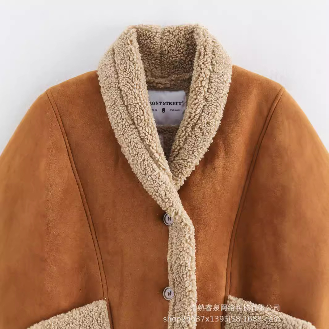 Cross-border European and American style winter women's retro suede coat with large pockets and embroidery, source wholesale.