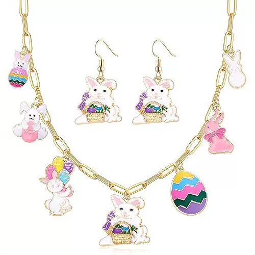 亚马逊跨境热销复活节卡通彩蛋兔子吊坠项链耳饰套装手工制作饰品