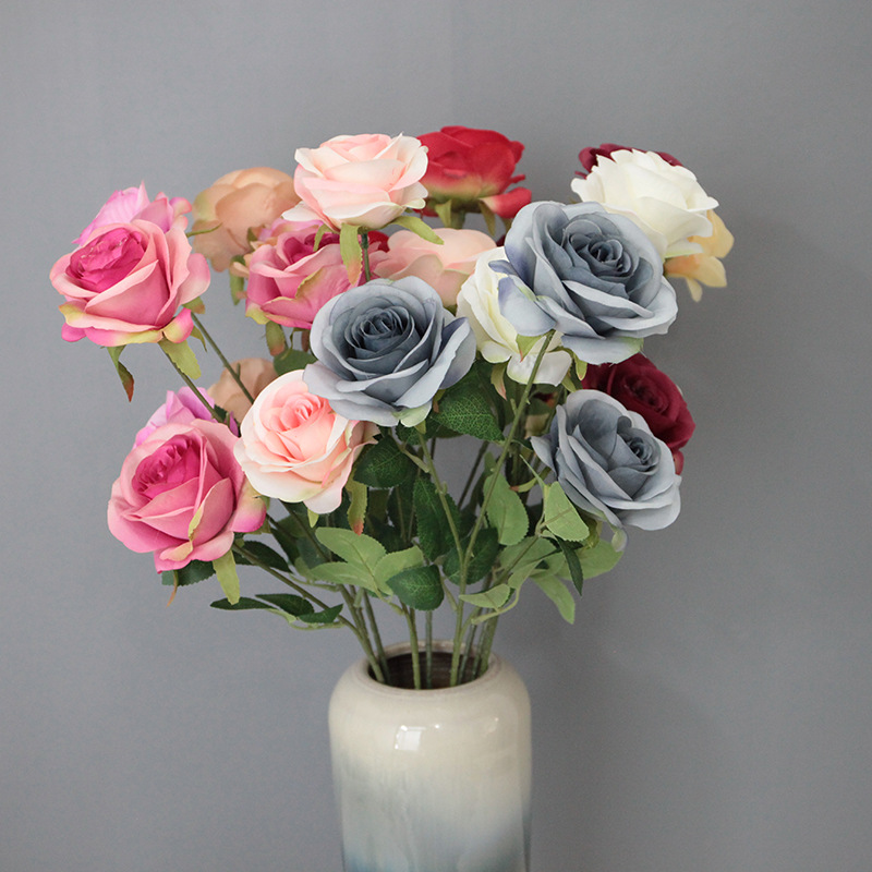 仿真玫瑰花3頭鑽石玫瑰婚慶婚禮專用布置花仿真花家居裝飾假花