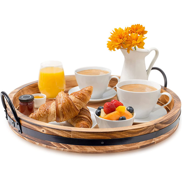 Wooden tray whiskey barrel tray with metal handle fashion farmhouse decoration service tray manufacturers wholesale Wooden tray whiskey barrel tray with metal handle fashion farmhouse decoration service tray manufacturers wholesale