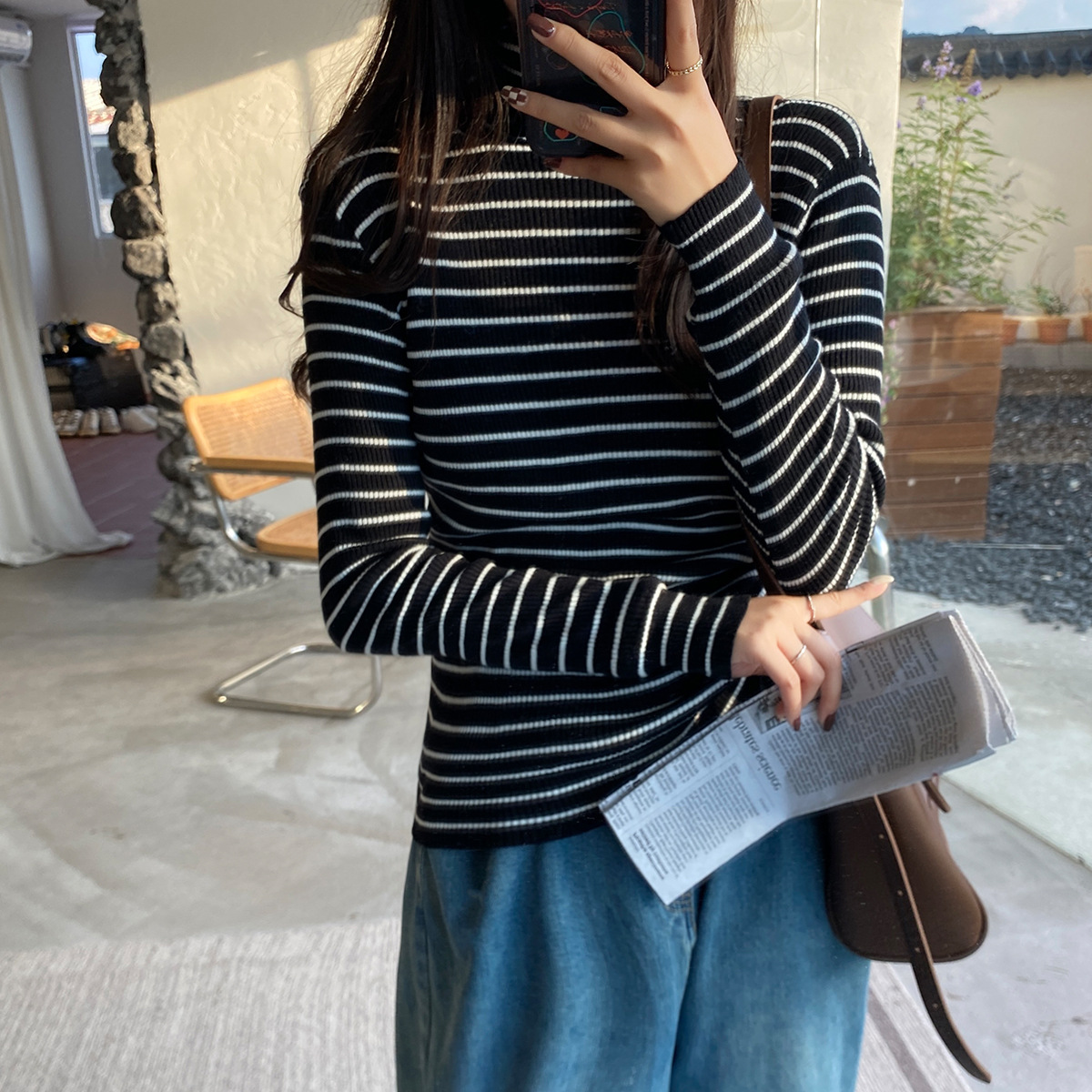 striped turtleneck plus velvet thick knitted shirt nihaostyles clothing wholesale NSFYF85647