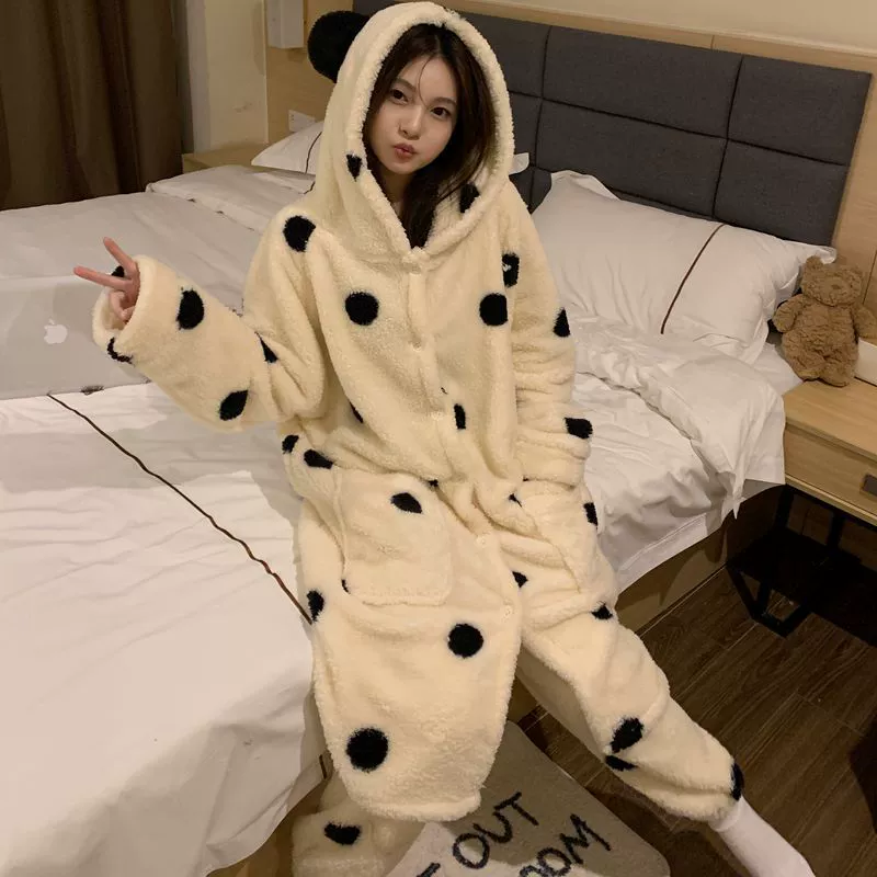 Coral velvet demi-season warm pijama, cartoon flannel long bathrobe with hood, set