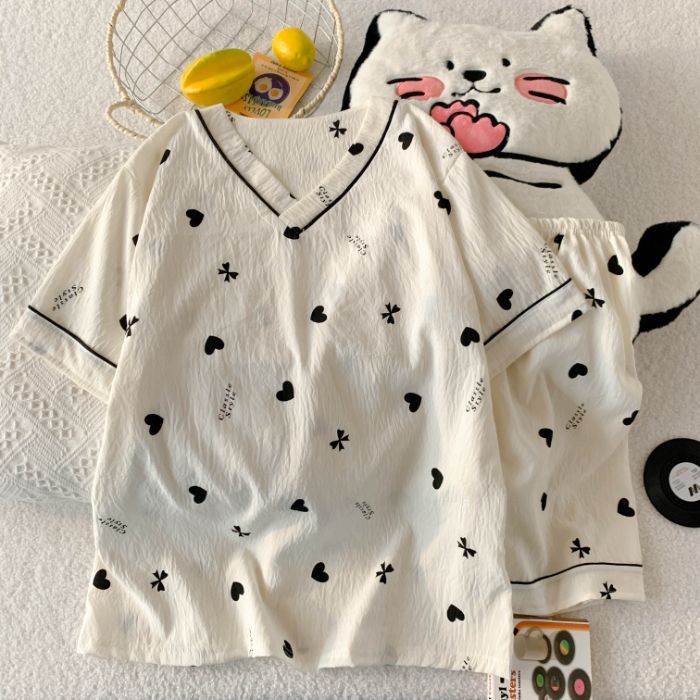 Comercio exterior transfronterizo al por mayor verano nuevo pijama de algodón nublado de mujer pantalones cortos de manga corta red manga roja ropa de hogar de cuello en V dibujos animados