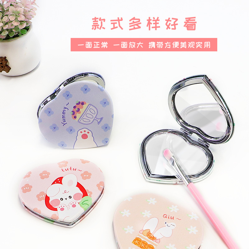 Amor pequeño espejo niña pequeño regalo espejo de doble cara al por mayor PU imagen impresa estudiante lindo bolsillo portátil espejo cosmético