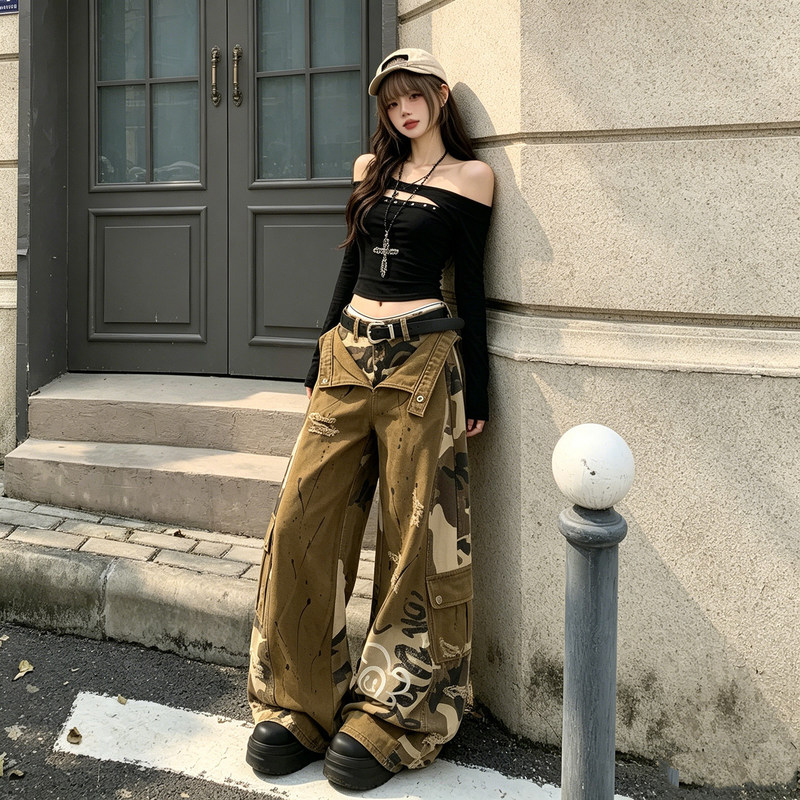 Plus-Size American-Style Camouflage Retro Work Pants, Faux Two-Piece Jeans for Women, New Spring Casual Comfortable Wide-Leg Pants Plus-Size American-Style Camouflage Retro Work Pants, Faux Two-Piece Jeans for Women, New Spring Casual Comfortable Wide-Leg Pants
