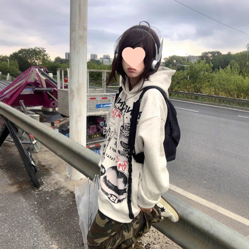 美式复古汉堡薯条印花连帽卫衣女秋冬新款重磅银狐绒外套|undefined