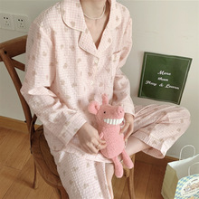 韩国ins女士秋新款韩版家居服格子熊头时尚开衫睡衣长袖长裤套装