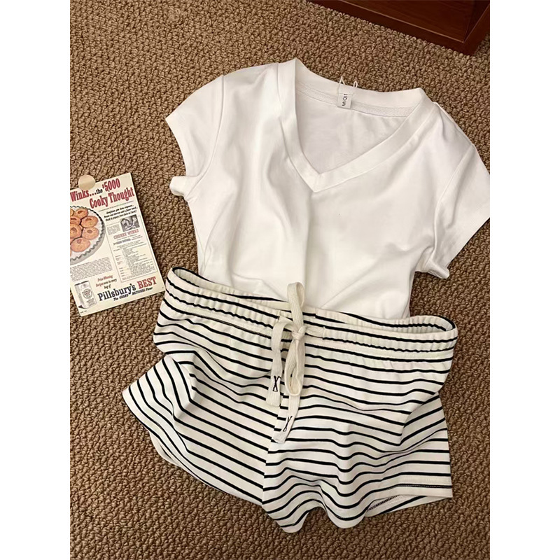 Pure for Slim-fit Short-sleeved Pajamas Women's Summer 2025 New Style Striped Shorts Home Wear Outer-plus size suit