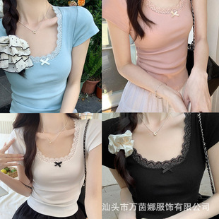 5017# pure wind rayon short sleeve lace back front shoulder T-shirt design feeling wear inside slim