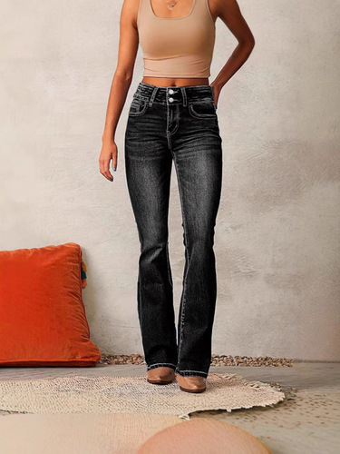 Promotional item: New spring vintage stretch denim jeans for women—washed, slightly flared, in European and American styles.