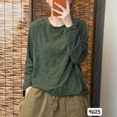 2025秋款文艺纯色卷边棉质打底衫女圆领长袖宽松百搭显瘦套头T恤