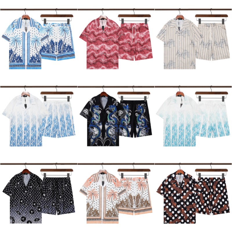 Cross-border Wholesale AMIRI 2024 Summer Ice Silk Fashion Casual Beach Men's Cardigan Short Sleeve Shirt Set Cross-border Wholesale AMIRI 2024 Summer Ice Silk Fashion Casual Beach Men's Cardigan Short Sleeve Shirt Set