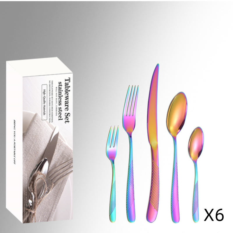 Comercio electrónico transfronterizo de productos de venta caliente vajilla de acero inoxidable 30 piezas traje de cinco piezas principales caja simple traje de cuchillo, tenedor y cuchara de comida occidental