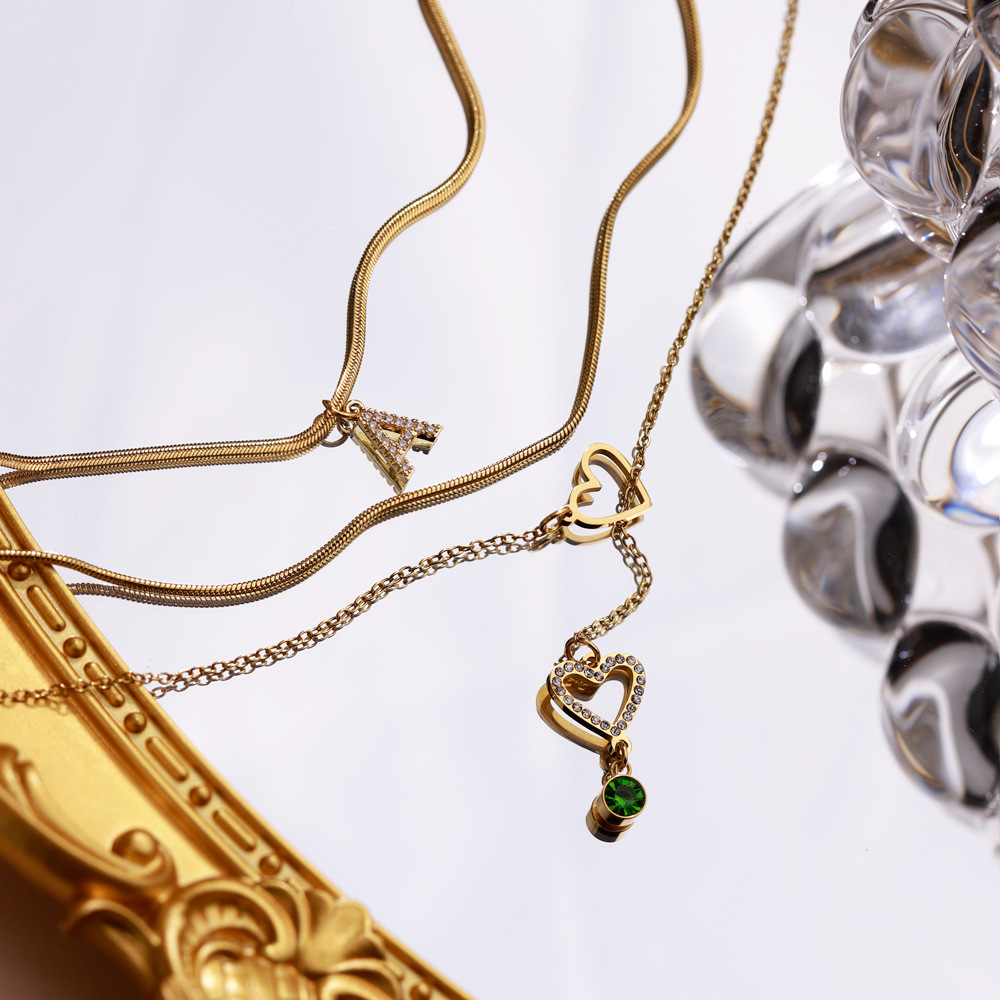 1 Piece Quantity Wholesale Jewelry IG Style Korean Style Letter Heart Shape 304 Stainless Steel Rhinestones Birthstone Gold Plated Plating Inlay Three Layer Necklace