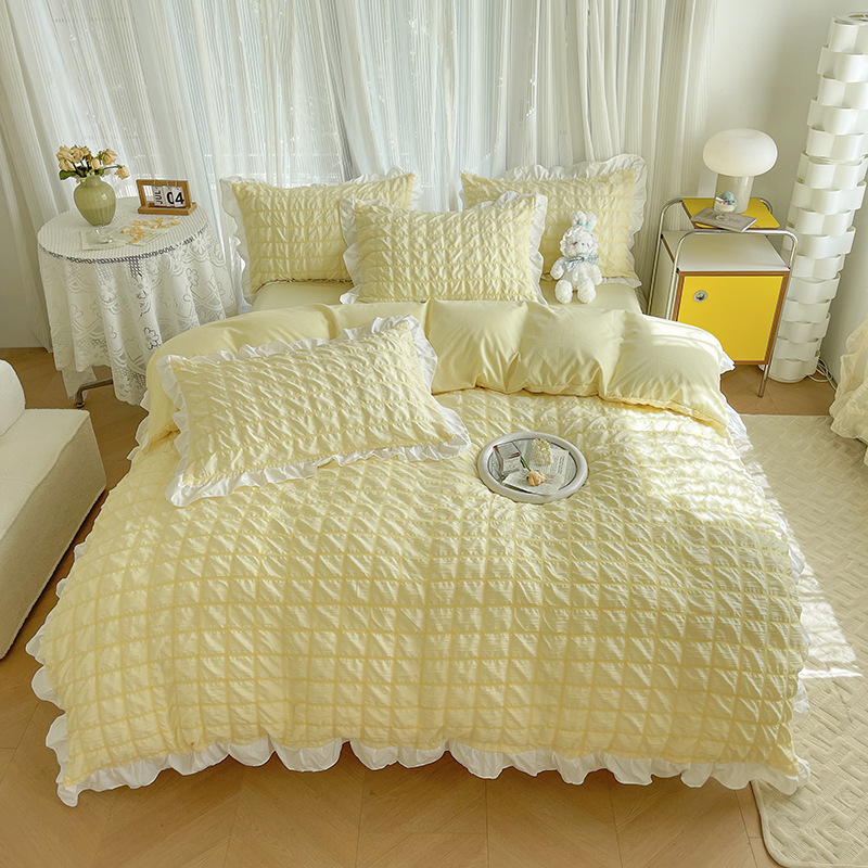 seersucker lace four-piece set girl heart solid color dormitory bed kit washable simple wind quilt bedding