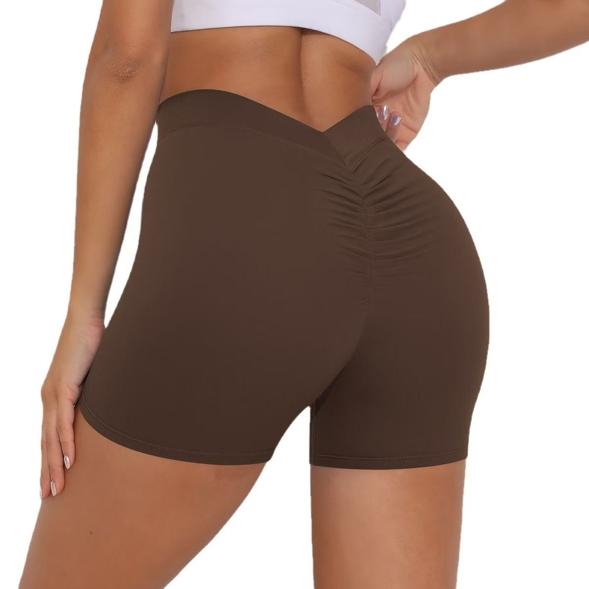 Europa y América ropa de mujer abrasiva V cintura plegada mel桃 de camisa pantalones cortos deportivos running fitness tight panty