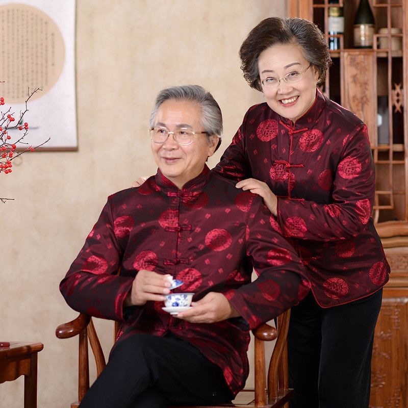 春秋季中老年情侣唐装爷爷奶奶喜庆生日过寿婚礼老人加厚棉袄套装