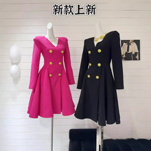 24秋冬新款法式赫本风气质长袖假双排扣连衣裙小众收腰显瘦A字裙