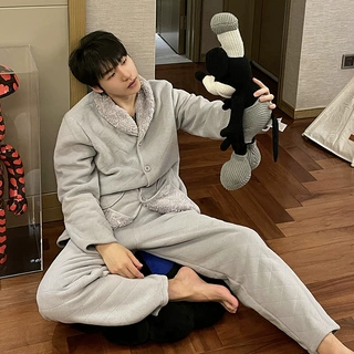 清仓 小红书沿缝法兰绒复合羊糕绒家居服男士套装加厚保暖睡衣