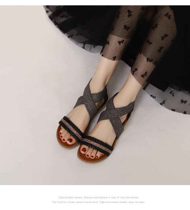 Rhinestone Woven Wedge For Women Summer New Bohemian Open-Toe Platform Roman Sandals_vogvips.com
