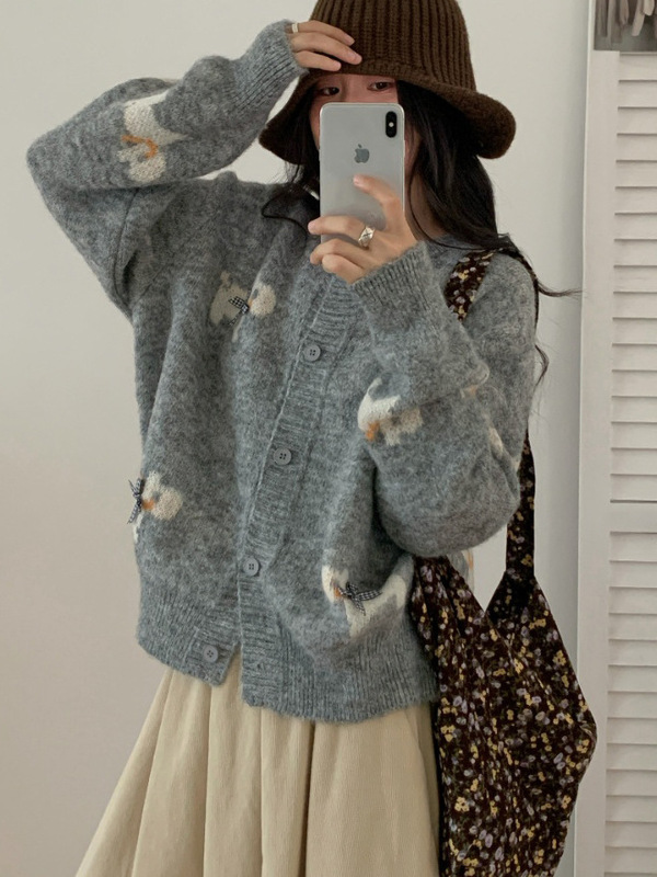 卡通蝴蝶结小狗毛衣开衫女秋冬韩系温柔风软糯圆领宽松百搭针织衫|undefined