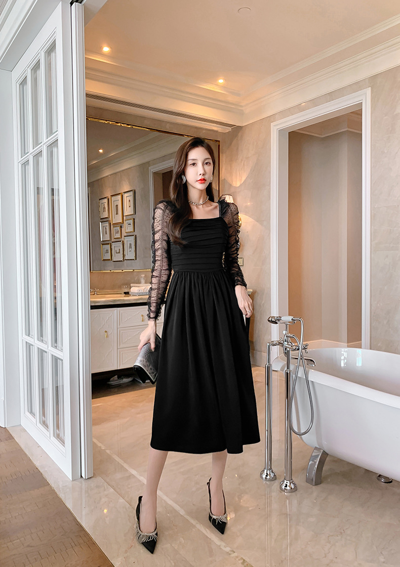 Váy đen ngắn kiểu Hepburn phối lưới tay bồng cổ vuông eo xếp ly — Màu đen chi tiết 24