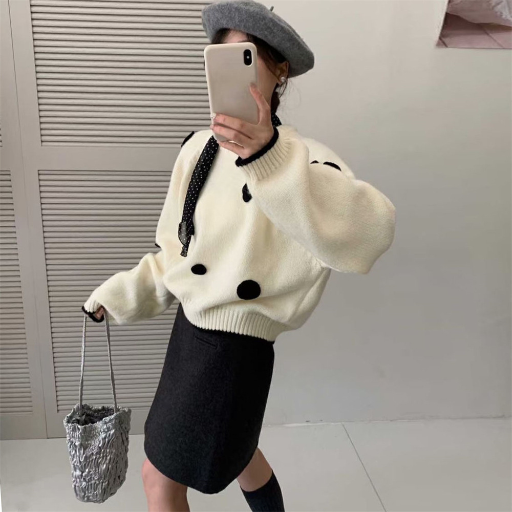 (2개) 한국 스타일 3 차원 폴카 도트 라운드 넥 스웨터 여성의 가을 및 겨울 새로운 도착 느슨한 짧은 풀오버 스웨터 탑