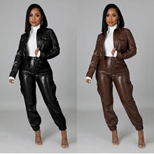 I 70217 Fashionable Slim PU Leather Fleece Pants Set ����Ƥ