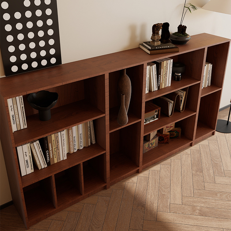 Nordic Solid Wood Lattice Cabinet Walnut Bookcase Free Combination Floor-Standing Low Bookshelf Living Room Storage Rack Storage Cabinet