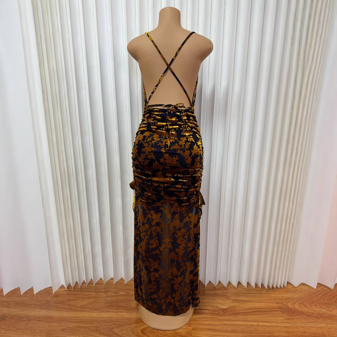 Women's Sexy Exposed Strap Low Cut Backpack Dress Hip Pleated Irregular New Style_ecoleips.com