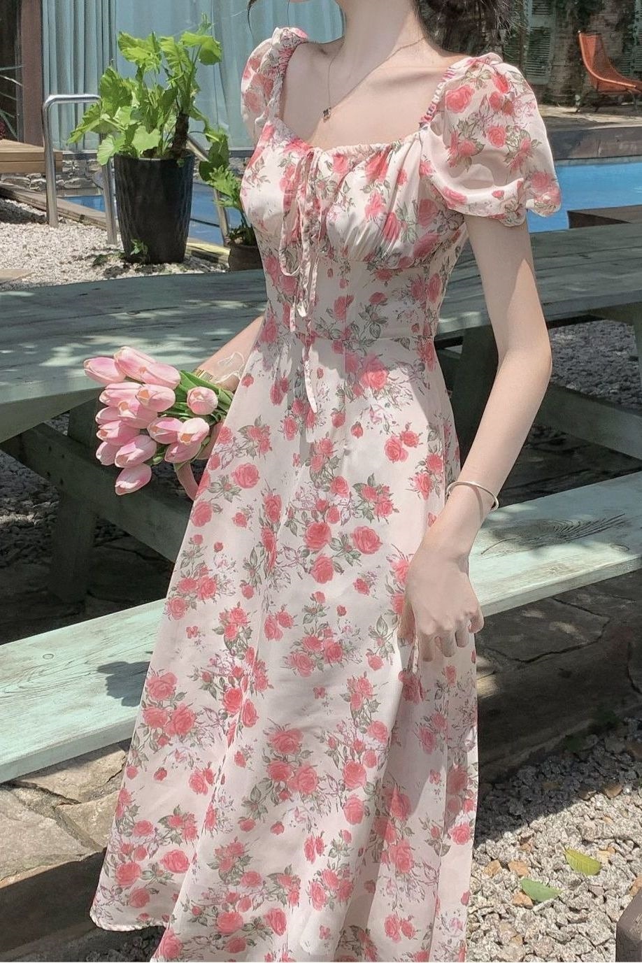 Đầm maxi nữ thắt eo họa tiết hoa hồng phong cách Pháp — Hoa hồng (chất lượng cao), Hoa hồng (bình thường) chi tiết 1