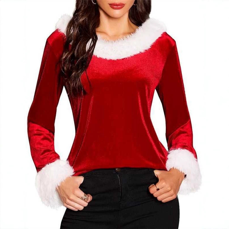 Christmas women's top, velvet and plush patchwork off-shoulder Christmas outfit, long-sleeved holiday party performance costume Christmas women's top, velvet and plush patchwork off-shoulder Christmas outfit, long-sleeved holiday party performance costume