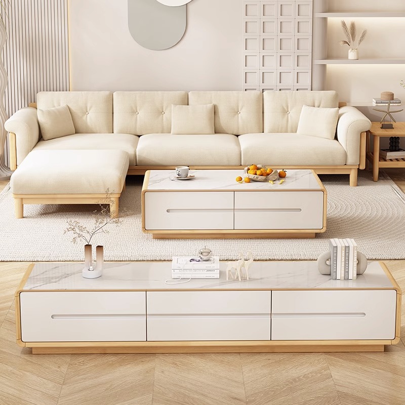 Nordic solid wood and fabric sofa living room set, Japanese minimalist white cream style furniture, small apartment solid wood sofa