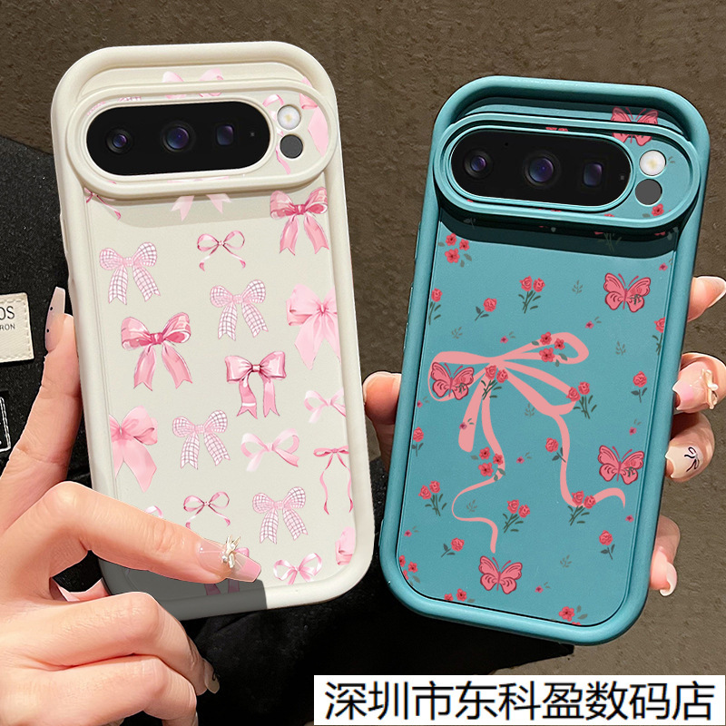 适用谷歌 Pixel 9粉色蝴蝶结手机壳Pixel 8 PRO彩绘花防摔保护套