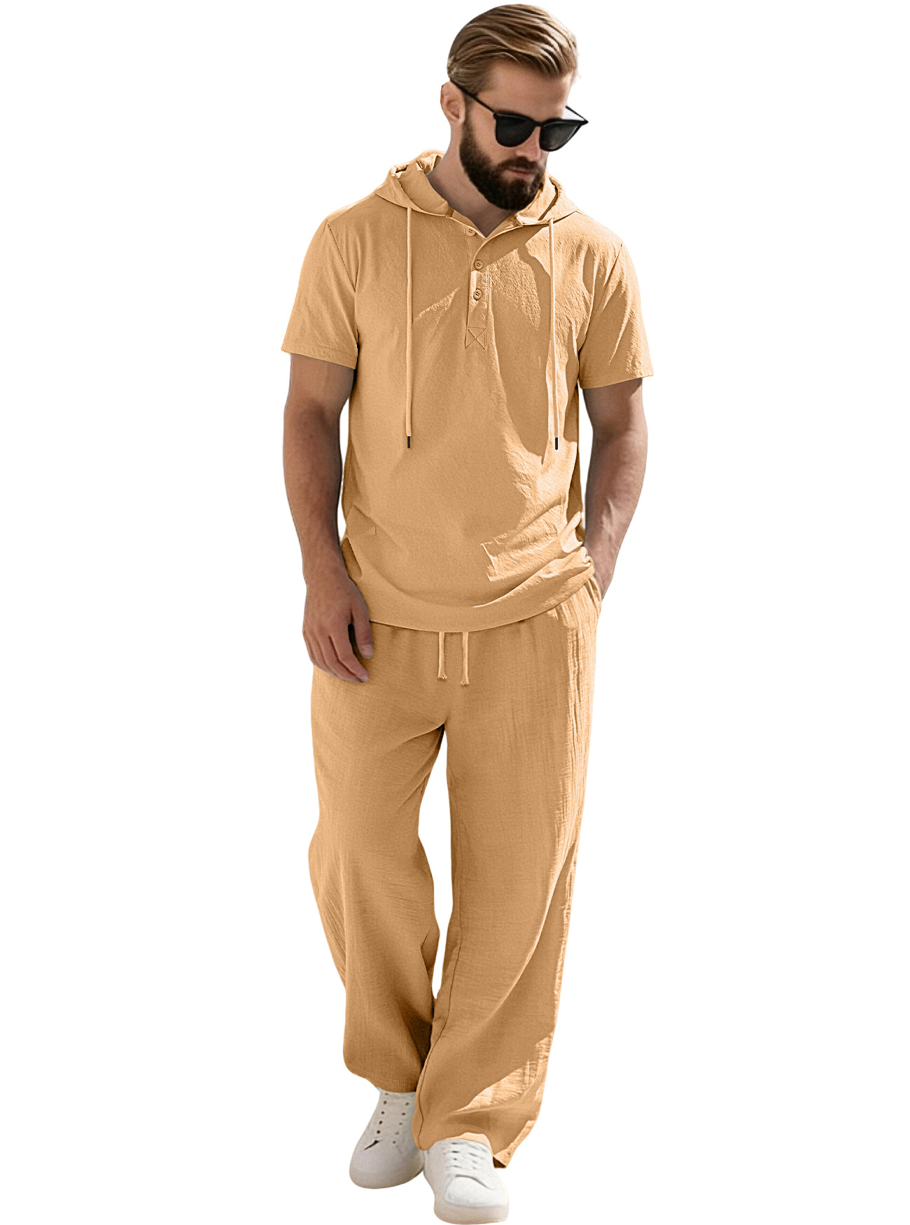 Transfronterizos Europa y América Amazon hombre nuevo encapuchado abrazado camisa de algodón y lino de manga corta casual pantalones largos de manga corta set hombre