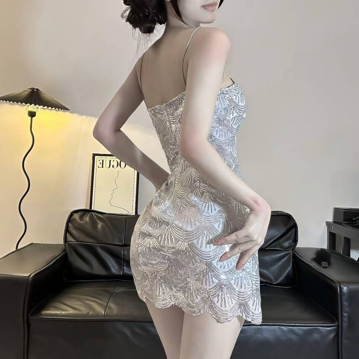 French-Style Sequin Strapless Bodycon Dress Set, Backless Slim-Fit Silver Camisole Costume — detail image 5