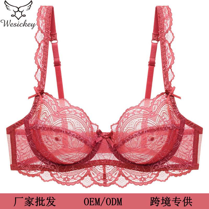 Cross-Border Sexy Lingerie French Ultra-Thin Non-Padded Transparent Lace Bra for Large Busts That Makes Them Appear Smaller and Prevents Sagging, Plus Size Lingerie