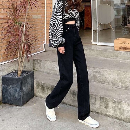 Women's Spring Black High-Waisted Skinny Jeans, New Miniature Body Slimming Tall Straight Leg Drop-Crotch Wide Leg Pants