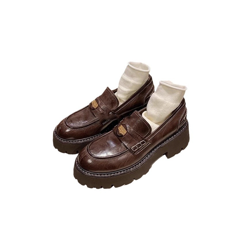 Moda de invierno de la uva ~ primavera nueva moneda de oro de piel de caballo estilo británico cabeza redonda con un pie de zapatos de cuero Lefour