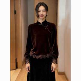 一件代发新中式女装咖色拼接盘扣丝绒衬衫冬轻熟小众蕾丝内搭上衣