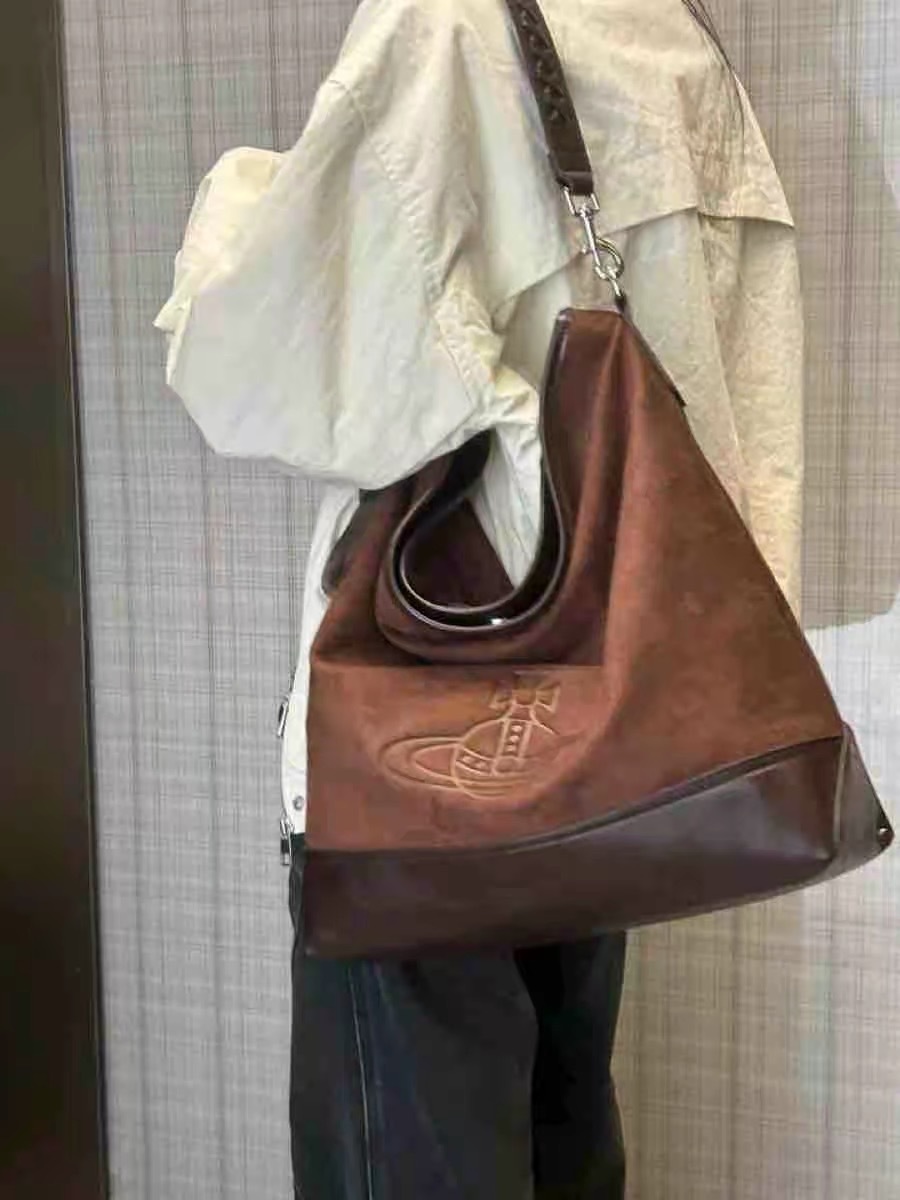 Vivienne Westwood Saturn Vintage Hobo Bag Retro Suede Tote Bag For Women Large Capacity Shoulder Underarm Bag - Thumbnail 7