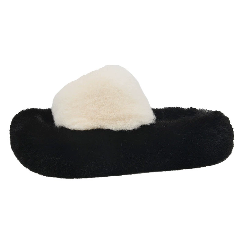 Двухцветные меховые тапочки на толстой подошве для женской верхней одежды, осень-зима 2024, плюшевые домашние домашние хлопковые тапочки с одним словом, трибутомия
