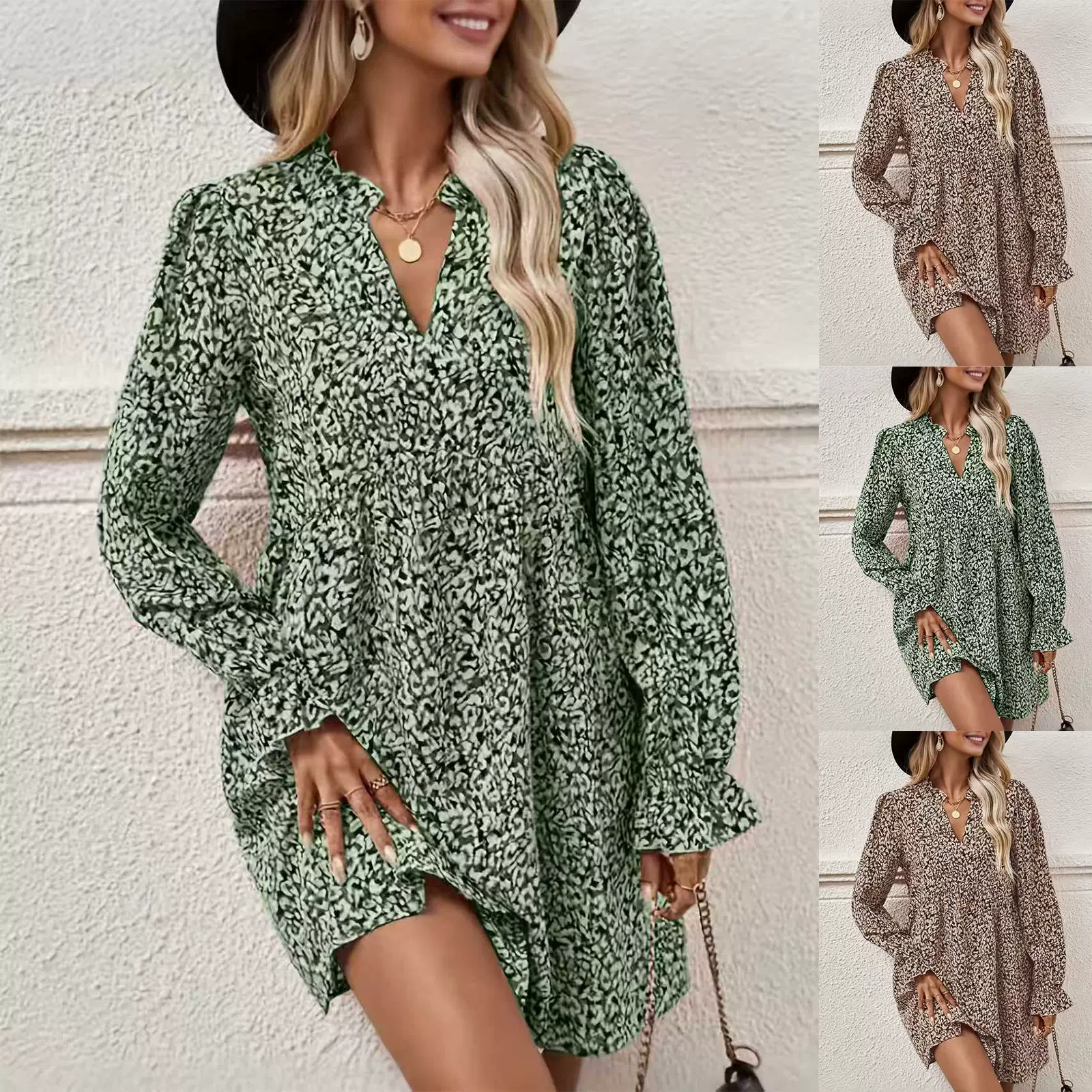 女式连衣裙2025秋冬季欧美女装新款时尚印花喇叭袖大摆裙长裙女