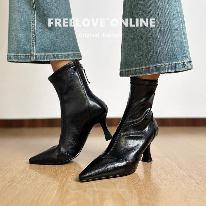 Sheepskin in Stock~ French-Style Pointed-Toe Slim Boots, High-Heeled, Soft Leather Stretch Boots, Thin Heel, Back Zipper, Genuine Leather Short Boots