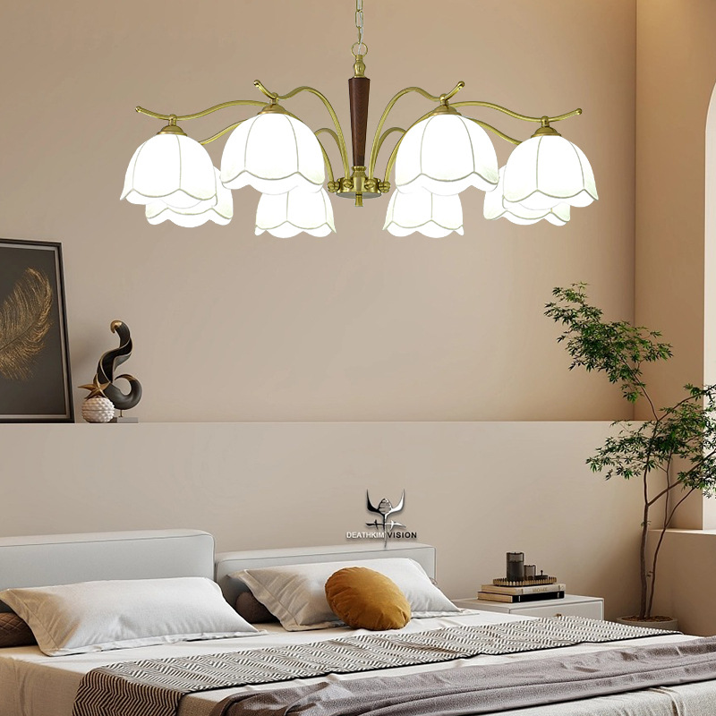 Nanyang estilo retro lámpara de dormitorio de madera sólida silencioso estilo nuevo estilo chino sala de estar comedor lámpara principal nueva impresión lámpara de tela