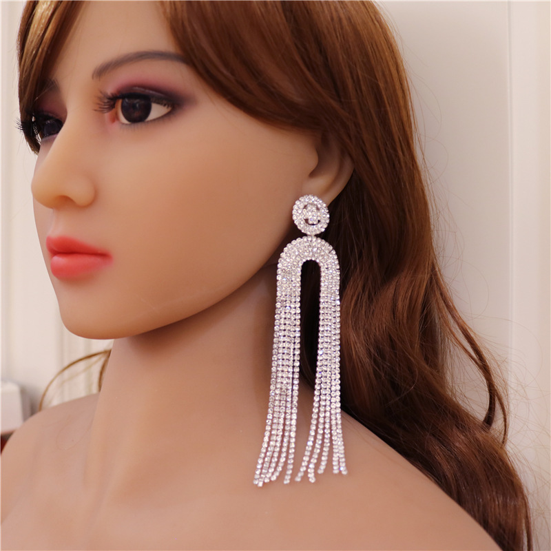 Pendientes Largos De Borla Con Diamantes De Imitación De Circón En Forma De U De La Serie Super Flash Para Mujer display picture 1