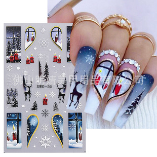 Cross Border Christmas Nail Art Stickers Micro Carving Winter Snowflake Elk Fox Ins Kitten Snow Back Glue Nail Stickers