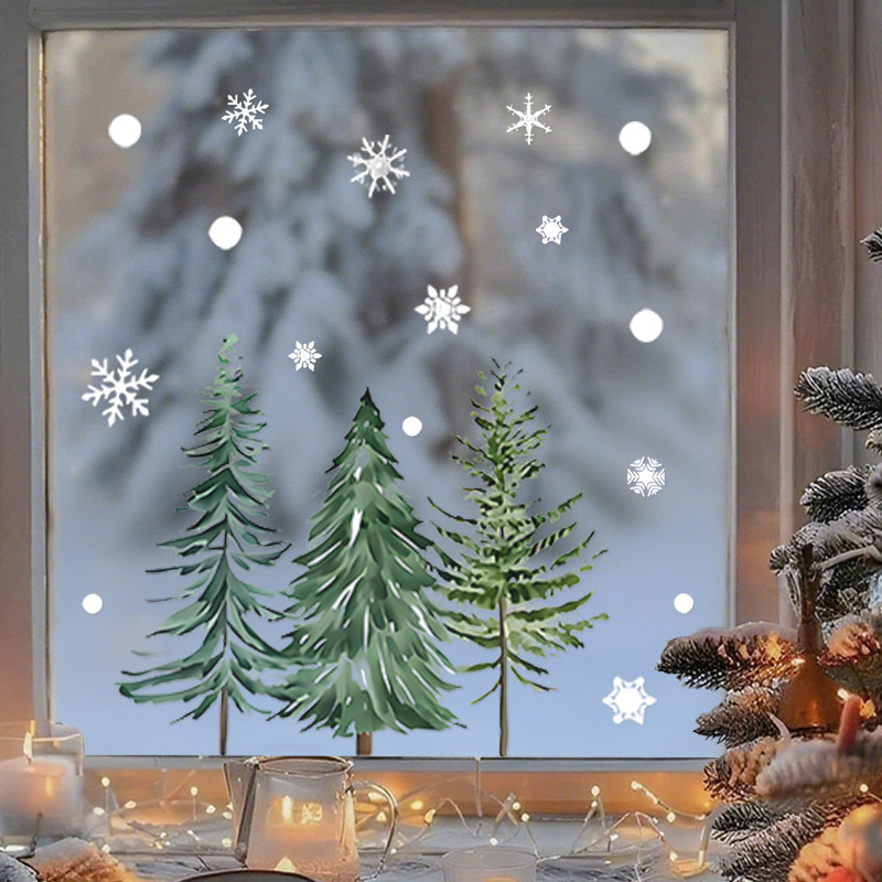 Cross-Border Green Christmas Tree Snowflake Electrostatic Atmosphere Sticker Shop Window Holiday Glass Door Decoration Temu