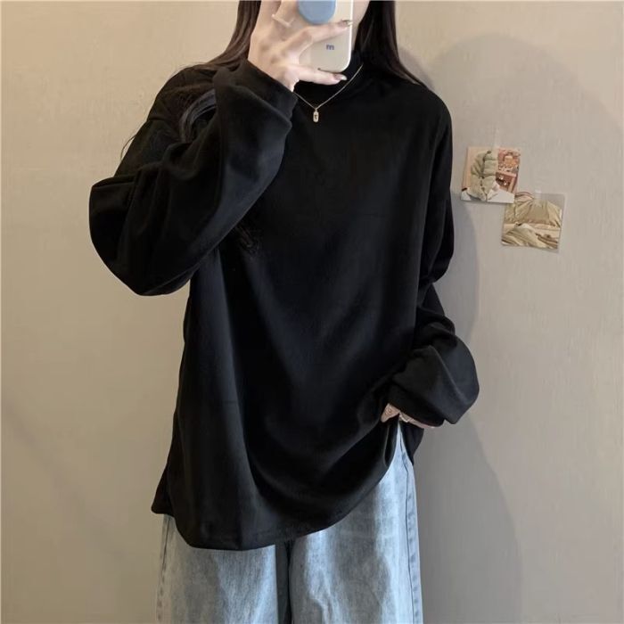 白色半高领德绒打底衫女秋冬内搭加绒加厚保暖长袖t恤上衣欧美风|undefined